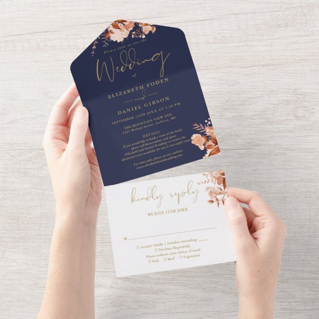 Floral Navy Blue Gold Details RSVP Fall Wedding All In One Invitation (Tearaway)