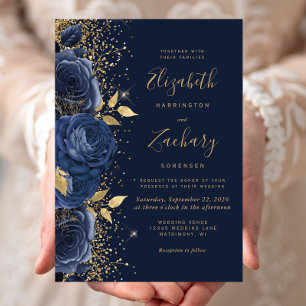 Floral Navy Blue Gold Glitter Wedding Invitation