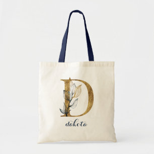 Floral Navy Blue Gold Leaf Monogram Letter "D" Tote Bag