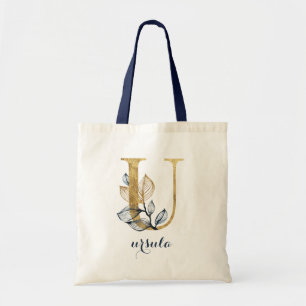 Floral Navy Blue Gold Leaf Personalized Letter "U" Tote Bag