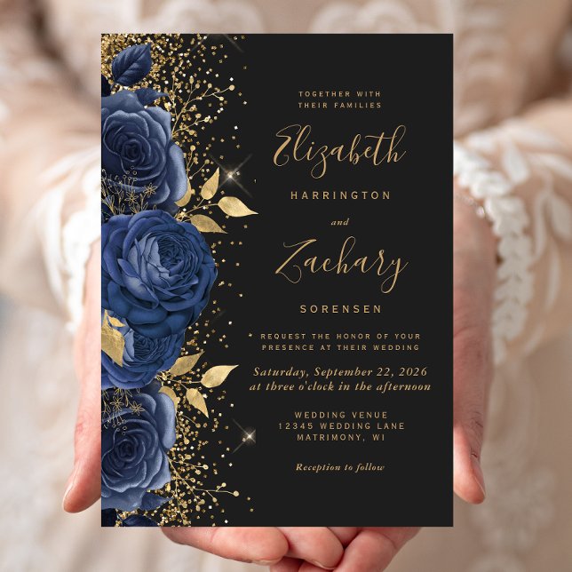 Floral Navy Blue Gold Off-Black Wedding Invitation (Creator Uploaded)