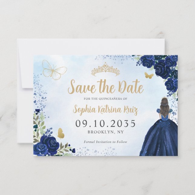Floral Navy Blue Gold Princess Tiara Quinceanera Save The Date (Front)
