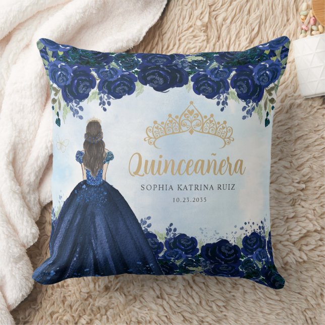 Floral Navy Blue Gold Princess Tiara Quinceanera  Throw Pillow (Blanket)