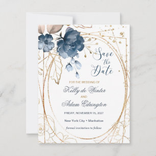Floral navy blue, gold Save the Date Photo
