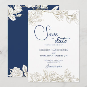 Floral Navy Blue Gold Wedding Save The Date Card