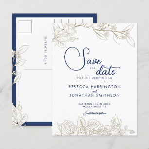 Floral Navy Blue Gold Wedding Save The Date Postcard