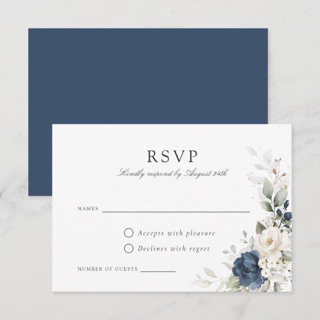 Floral Navy Blue Greenery Gold Wedding RSVP Card (Front/Back)