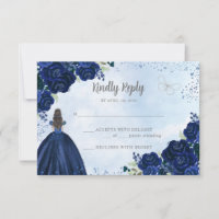 Floral Navy Blue Grey Glitter Princess Quinceañera