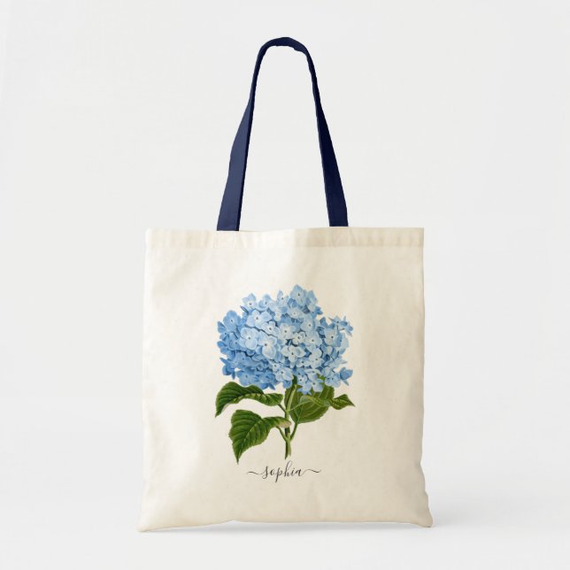Floral Navy Blue Hydrangea Botanical Personalized Tote Bag (Front)