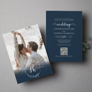 Floral Navy Blue Monogram Photo QR Code Wedding  Invitation