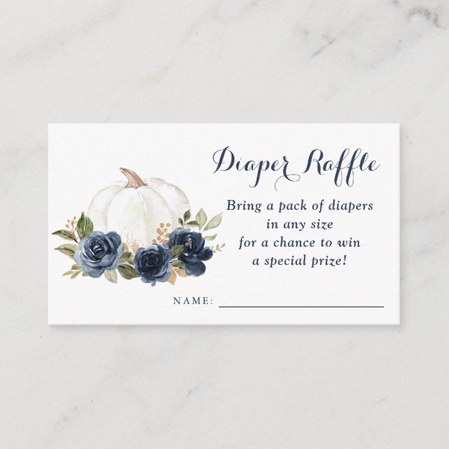 Floral Navy Blue Pumpkin Baby Shower Diaper Raffle Enclosure Card (Front)