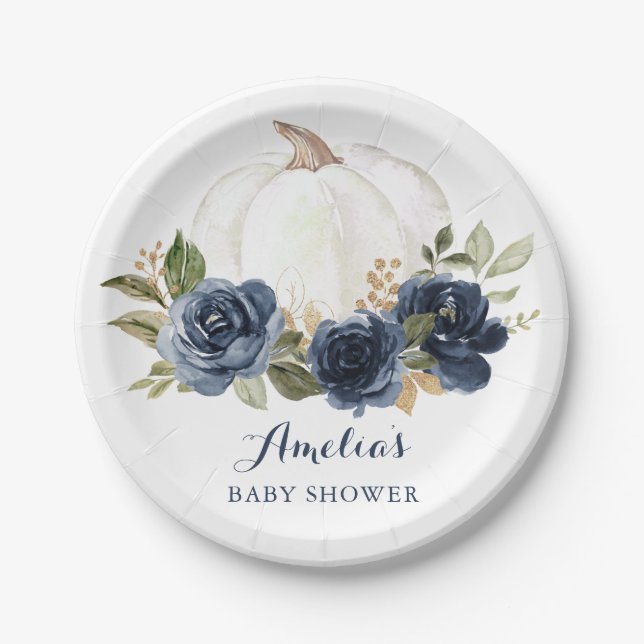 Floral Navy Blue Pumpkin Baby Shower Fall Paper Plate (Front)
