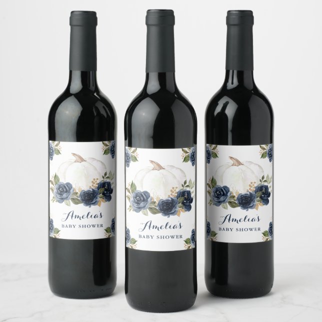 Floral Navy Blue Pumpkin Fall Baby Shower Wine Label (Bottles)