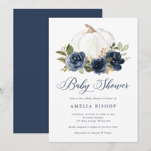 Floral Navy Blue Pumpkin Gold Leaf Baby Shower Invitation