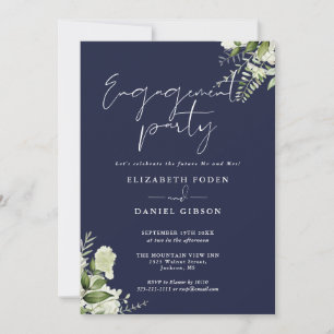 Floral Navy Blue Script Engagement Party Invitation