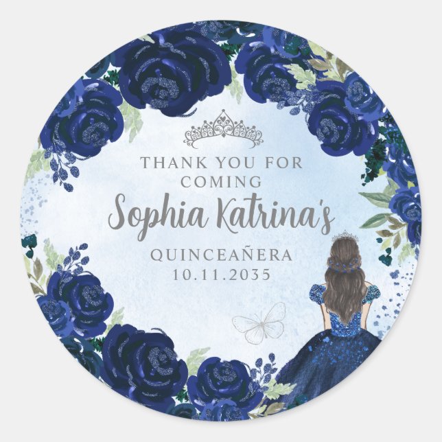 Floral Navy Blue Silver Quinceanera Birthday Favou Classic Round Sticker (Front)