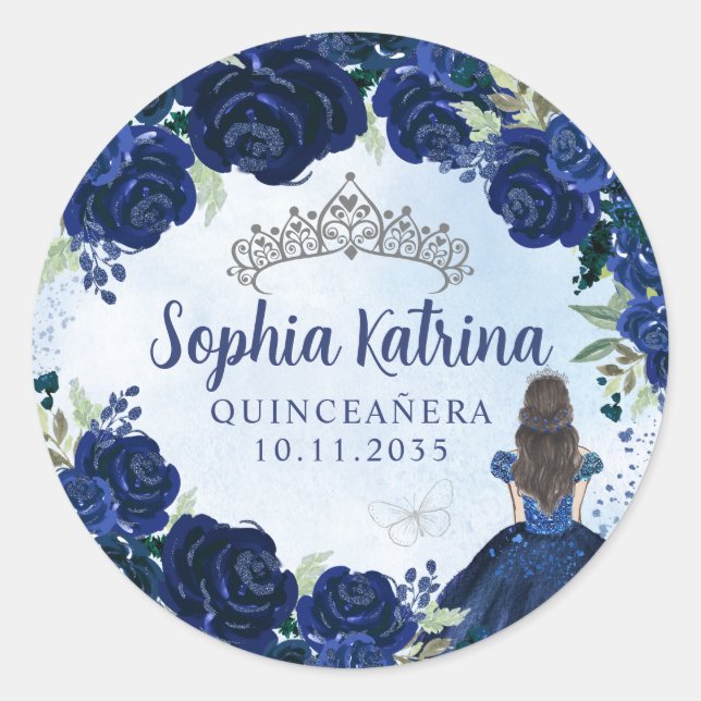 Floral Navy Blue Silver Quinceanera Birthday Favou Classic Round Sticker (Front)