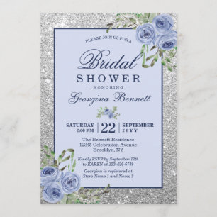 Floral Navy Blue Silver Sparkles Bridal Shower Invitation