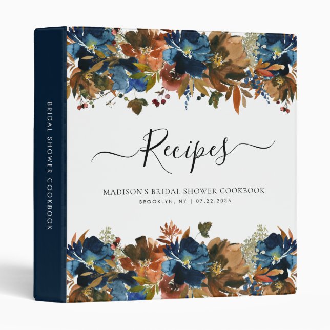 Floral Navy Blue Terracotta Bridal Shower Recipe Binder (Front/Spine)