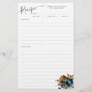 Floral Navy Blue Terracotta Brown Recipe Sheet