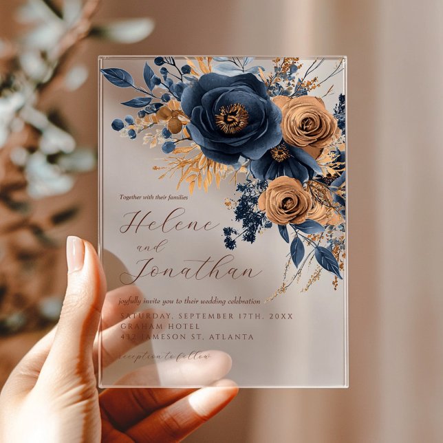 Floral Navy Blue Terracotta Rust Elegant Wedding Acrylic Invitations (Floral Navy Blue Terracotta Rust Elegant Wedding Acrylic Invitations)