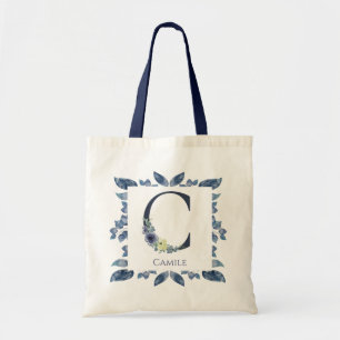 Floral Navy Blue Watercolor Monogram Initial C Tote Bag