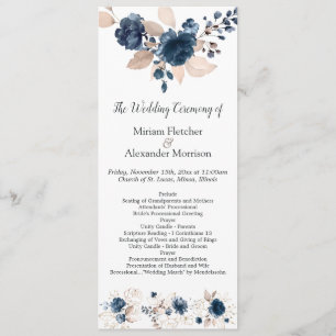 Floral navy blue watercolor Wedding Program