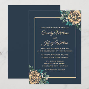 Floral Navy Blue Wedding Peach Peony Flowers Invitation