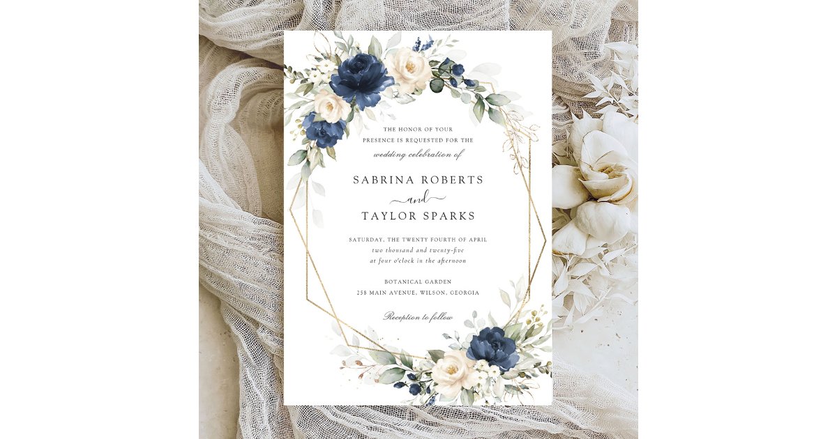 Floral Navy Blue White Greenery Gold Wedding Invitation | Zazzle