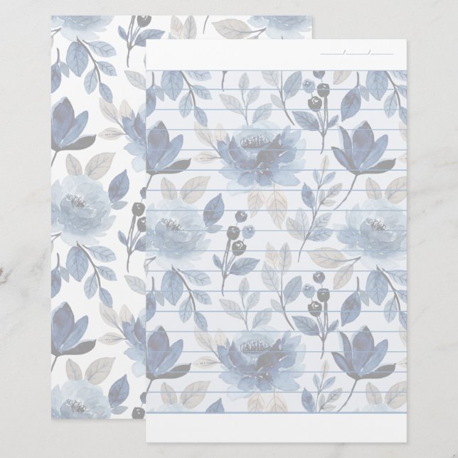 Floral Navy Blue Writing Paper Dated Lined Paper (Front/Back)