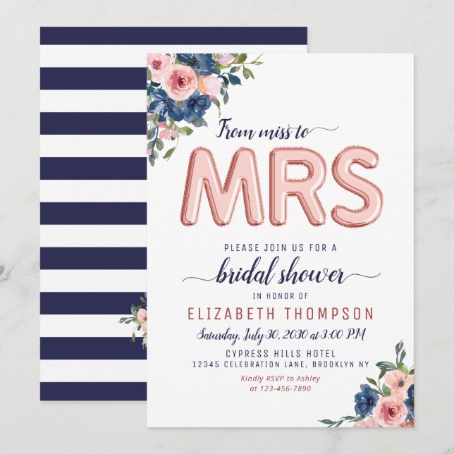 Floral Navy Blush Rose Gold Balloon Bridal Shower Invitation (Front/Back)