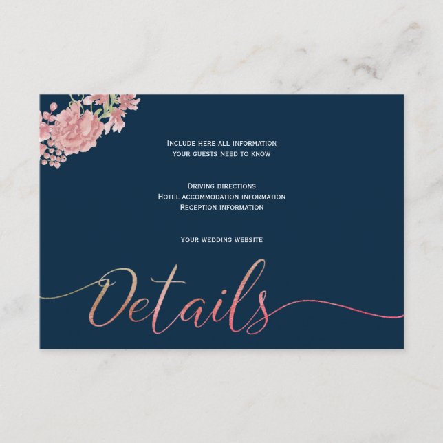 Floral navy blush script wedding guest details enclosure card (Front)