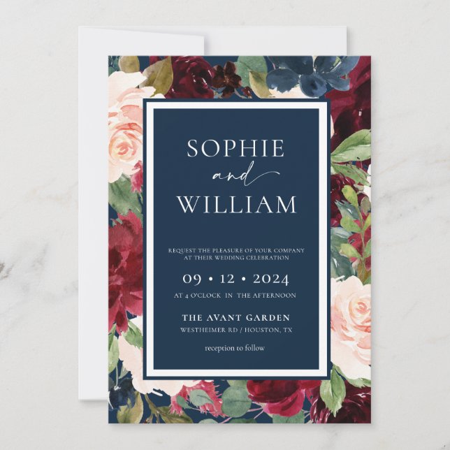 Floral Navy Burgundy Blush Faire-part de mariage (Devant)