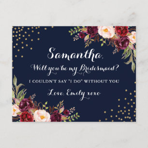 Floral Navy Burgundy Will You Be My Bridesmaid Invitation