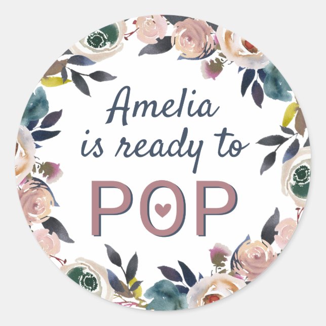 Floral Navy Dusty Pink Baby Shower Ready to Pop Classic Round Sticker (Front)