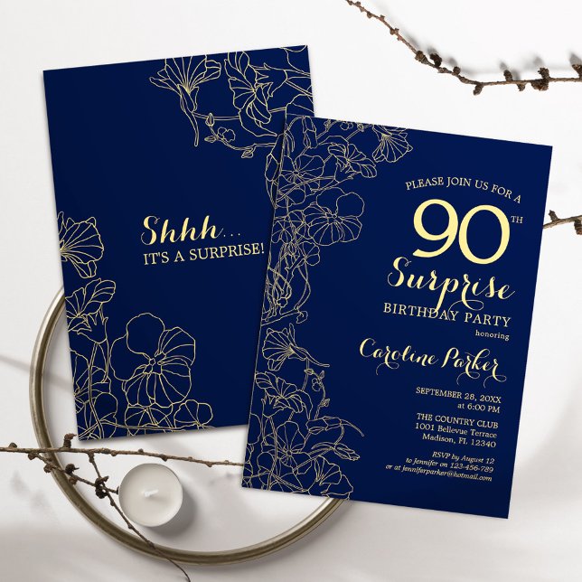 Floral Navy Gold Surprise 90th Birthday Party Invitation (Creator Uploaded)