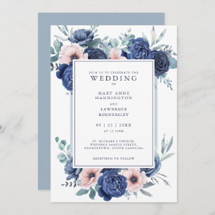 Floral Navy Rose Dusty Blue Wedding Invitation