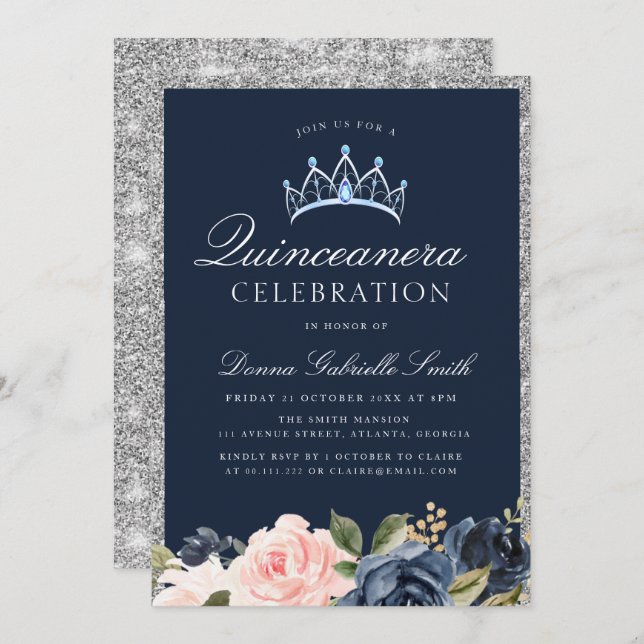Floral Navy & silver quinceanera invitation (Front/Back)