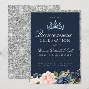 Floral Navy & silver quinceanera invitation