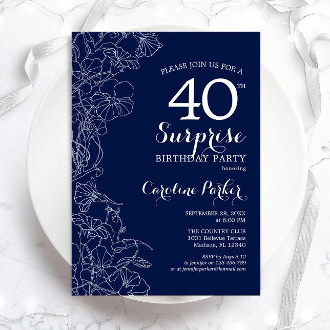 Floral Navy White Surprise 40th Birthday Party Invitation (Creator Uploaded)