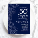 Floral Navy White Surprise 50th Birthday Party Invitation<br><div class="desc">Floral navy blue and white surprise 50th birthday party invitation. Minimalist modern design featuring botanical accents and typography script font. Simple floral invite card perfect for a stylish female surprise bday celebration. Can be customized to any age. Printed Zazzle invitations or instant download digital printable template.</div>
