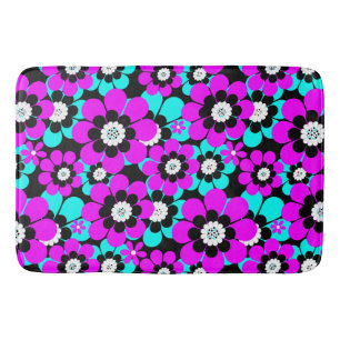 Floral Neon Pattern Purple and Turquoise Flowers  Bath Mat