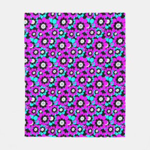 Floral Neon Pattern Purple and Turquoise Flowers Fleece Blanket