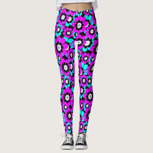 Floral Neon Pattern Purple and Turquoise Flowers  Leggings
