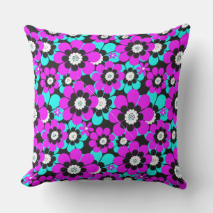Floral Neon Pattern Purple and Turquoise Flowers  Outdoor Pillow