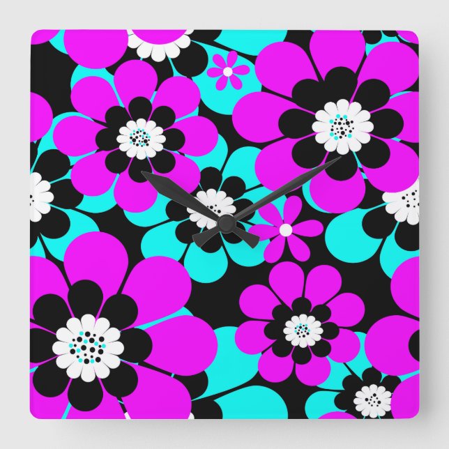 Floral Neon Pattern Purple and Turquoise Flowers  Square Wall Clock (Front)