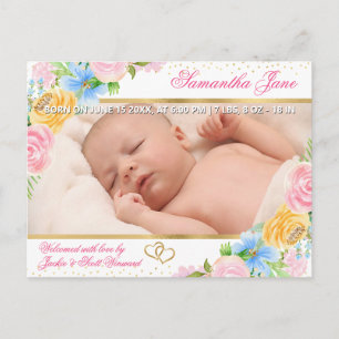 Floral Newborn Baby Photo Birth Announcement Postcard