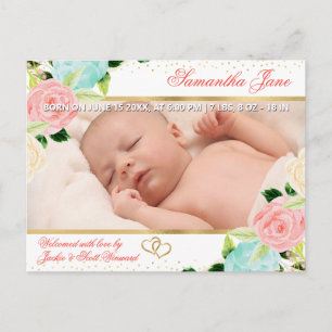 Floral Newborn Baby Photo Birth Announcement Postcard