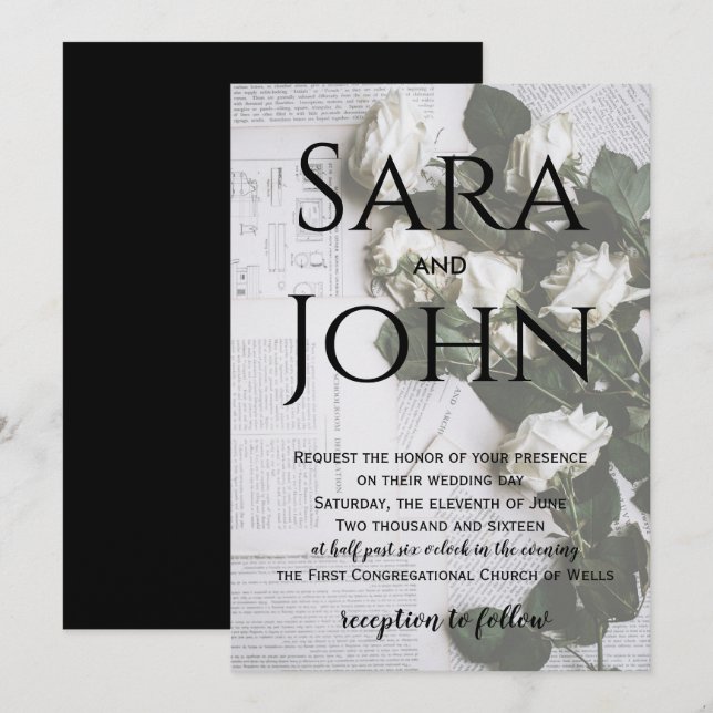 floral newspaper rustic wedding invitation (Front/Back)