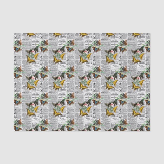 Floral Newsprint Butterfly Tissue Paper (Front)